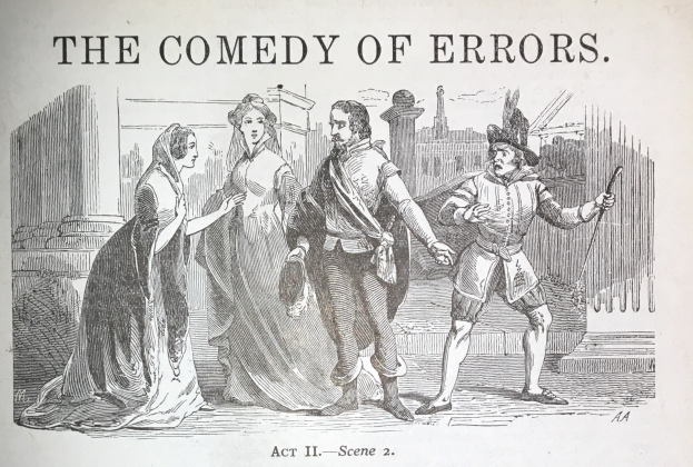 Eine Zeichnung eines Mannes in einem Anzug und einer Frau in einem unbekannten Outfit, die nebeneinander stehen und ernst schauen, mit dem Text "Die Kom√∂die der Irrt√ľmer" √ľber ihnen.