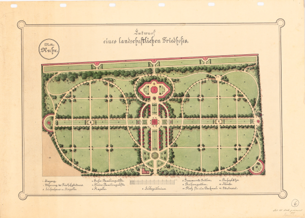 Ein detaillierter handgezeichneter Gartenplan mit verschiedenen Pflanzen, Bäumen und handgeschriebenem Text zur Layout-Beschreibung.