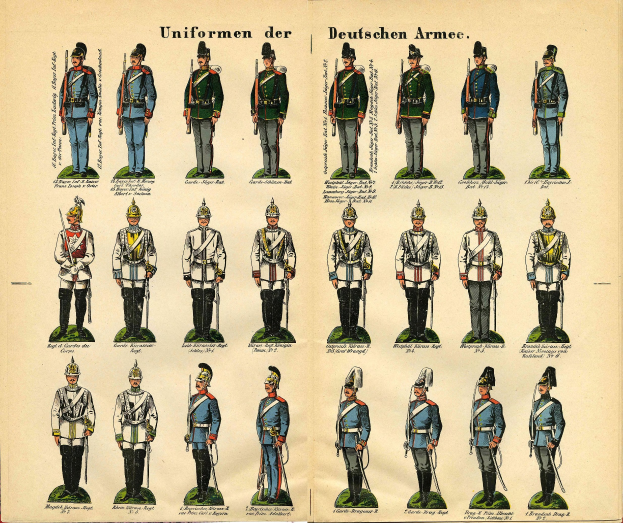 Ein Buch mit leuchtend bunten Militäruniformen der deutschen Armee mit detaillierten Elementen wie Helmen, Gewehren und anderen Waffen.