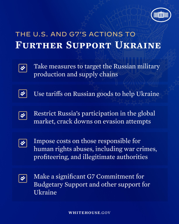Ein blaues Plakat mit fetter weißer Schrift und einem weißen Kreis-Logo mit "G7" in rot, das die Unterstützung der Ukraine durch die USA und die G7 fordert.