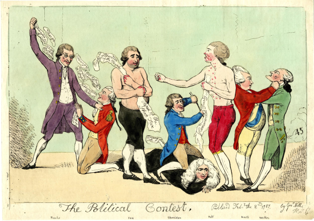 Politischer Cartoon betitelt "Der politische Wettbewerb", der Menschen in bunten Kleidern zeigt, wobei eine Person in der Mitte liegt.