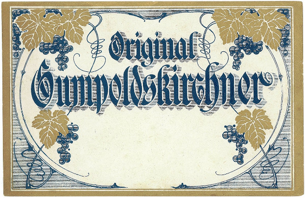 Ein altes deutsches Weinlabel mit einer Abbildung von Trauben und Blättern und einem Text, der den Wein Typ angibt.