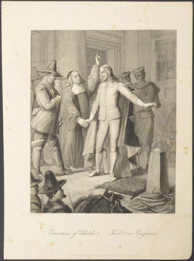 Eine Schwarz-Weiß-Radierung eines Mannes in Anzug und Hut, der einem Gruppen von Menschen die Hand schüttelt, vor einem Gebäude mit Fenstern, mit Text unten: 'Exekution von Karl I, Karl von England'.