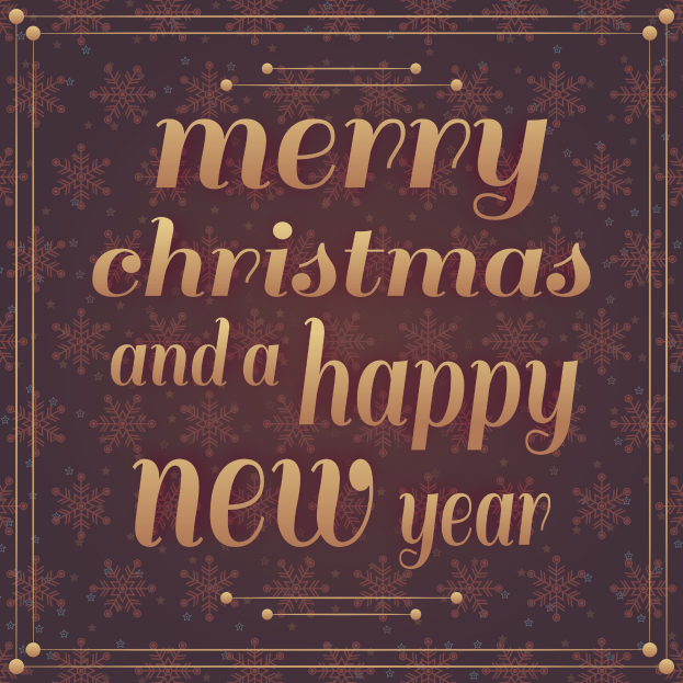 Ein festliches Grußkarte mit "Frohe Weihnachten und ein gutes neues Jahr" in fetter Schrift, umgeben von einem dekorativen Schneeflockenrand.