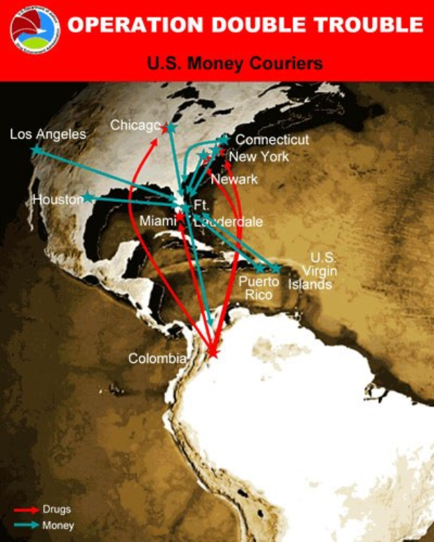Plakat mit der Aufschrift "Operation Double Trouble: U.S. Money Couriers" zeigt eine Karte der USA, die in zwei Abschnitte unterteilt ist: einer zeigt die Route der US-Geldkurier und der andere die Standorte der Geldtransporter.