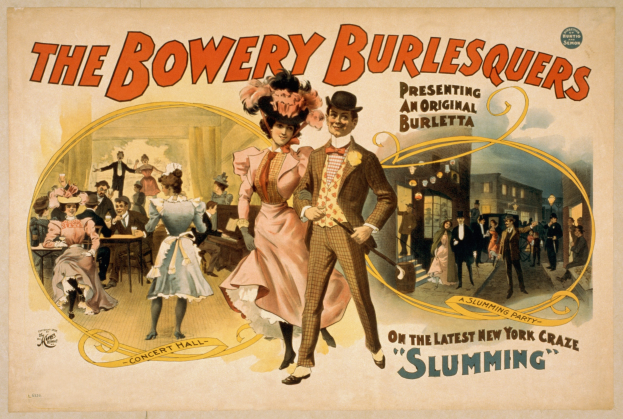 Plakat für "The Bowery Burlesquers" mit einer Gruppe von Menschen, die vor Gebäuden tanzen, mit Text, der das Ereignis beschreibt.