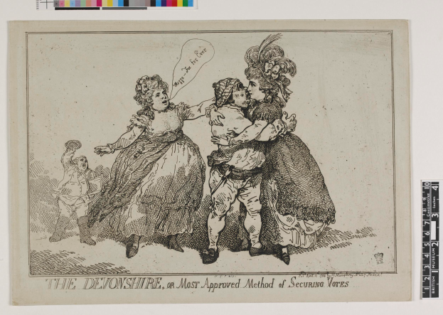 Ein Blatt Papier mit einer Zeichnung von zwei Frauen und einem Mann, Farboptionen oben und der Text "The Devonshire, or Most Approved Method of Securing Votes".