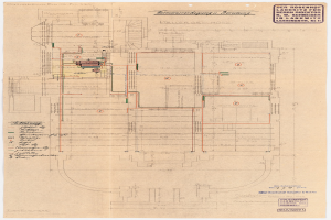 Schwarze und weiße architektonische Zeichnung des Rosenhof-Krankenhauses in Hamburg, Deutschland, zeigt detailliertes Layout mit zahlreichen Drähten, Räumen, Fluren und Textanmerkungen.