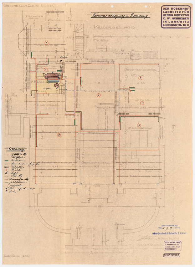 Schwarze und weiße architektonische Zeichnung des Rosenhof-Krankenhauses in Hamburg, Deutschland, zeigt detailliertes Layout mit zahlreichen Drähten, Räumen, Fluren und Textanmerkungen.