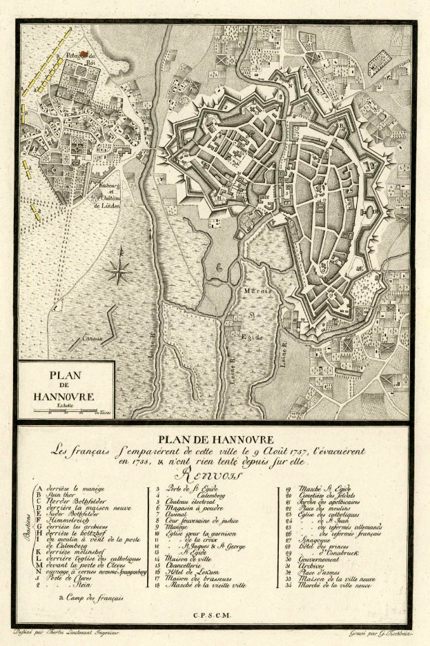Ein detaillierter alter Stadtplan von Hannover, Deutschland, der Straßen, Gebäude, Sehenswürdigkeiten und Text enthält, der Informationen über die Bevölkerung und bemerkenswerte Merkmale der Stadt bereitstellt.