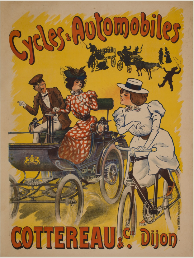 Ein Vintage-Plakat, das Fahrräder und Automobile in Cottereau und Dijon, Frankreich, bewirbt, zeigt eine Gruppe von Menschen, die Fahrräder fahren und eine Kutsche, mit den Worten "Fahrräder und Automobile" darüber.