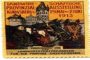 Deutscher Briefmarkenstempel aus dem Jahr 1913 mit drei Kühen und einem Schloss, auf dem der Text 'Landwirtschaftskammer' gedruckt ist.