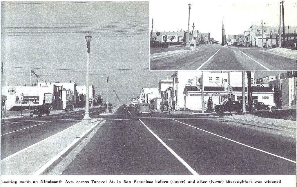 Ein Schwarz-Weiß-Kollage mit Straßen, Pfählen, Gebäuden, Pflanzen, Fahrzeugen, einer Flagge, Straßenlaternen und verschiedenen Objekten mit Text unten.