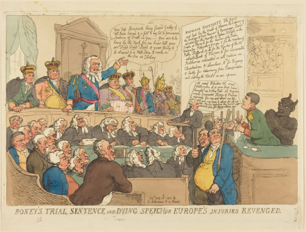 Cartoon illustration of a courtroom scene titled "Boney's Trial, Sentence, and Dying Speech Europe's Injuries Revenged" showing a central standing figure addressing seated individuals, with a table of objects to the right.