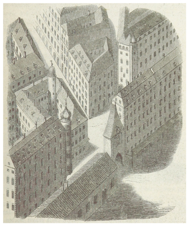 Ein altes Stadtbild mit vielen einzigartig gestalteten Gebäuden und Text unten.