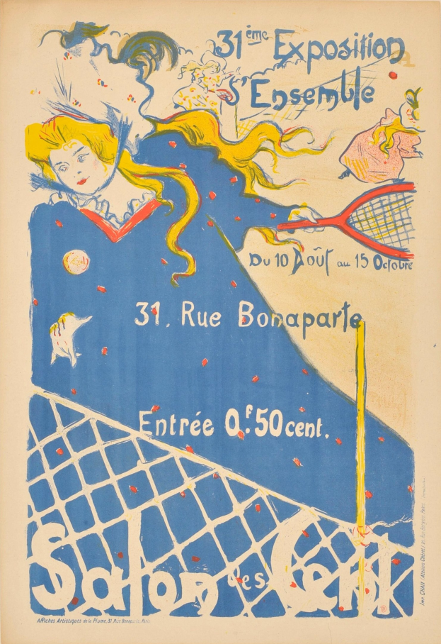 Ein Plakat für ein Tennisturnier mit einer Frau, die einen Schläger hält, mit Text, der das Ereignis beschreibt und ihren entschlossenen Gesichtsausdruck.