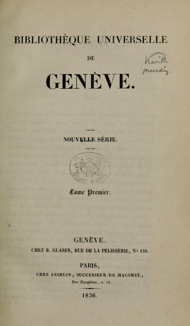 Altes Buch mit dem Titel 'Bibliothèque Universitaire de Geneve' geöffnet und zeigt Text im Inneren.
