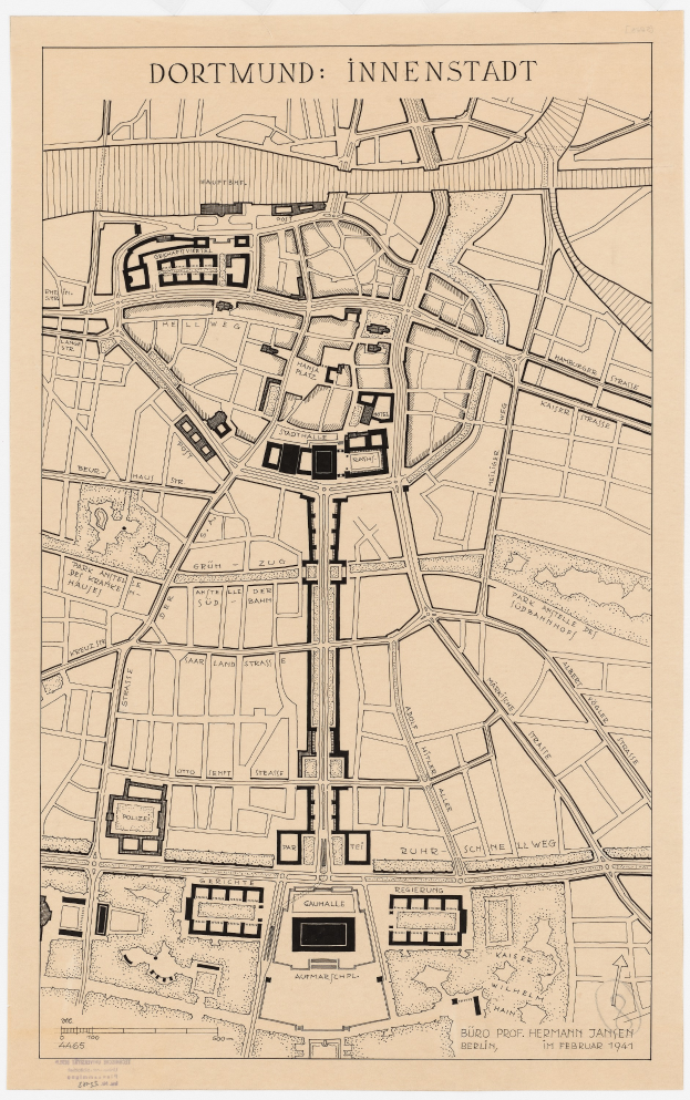 Eine detaillierte Karte von Dortmund, Deutschland, die Straßen, Gebäude und Sehenswürdigkeiten zeigt, mit Text oben und unten im Bild.