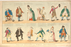 Zeitung mit Abbildungen von Menschen und handgeschriebenem Text, repräsentierend öffentliche Meinungen zu den Vorgängen.