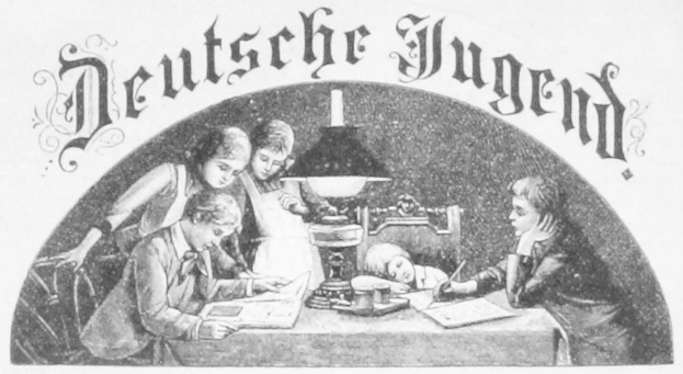 Eine Gruppe von Kindern sitzt um einen Tisch mit einer Lampe, Büchern und anderen Gegenständen, mit einem schwarz-weißen Plakat oben, auf dem die Wörter "Deutsche Jugend" stehen.