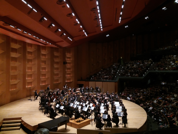 Ein großer Saal voller Menschen bei einem Konzert in der Royal Albert Hall in London, mit vielen Sitzenden und einigen Stehenden auf der Bühne, die Musikinstrumente halten, eine Wand links und Lampen an der Decke.