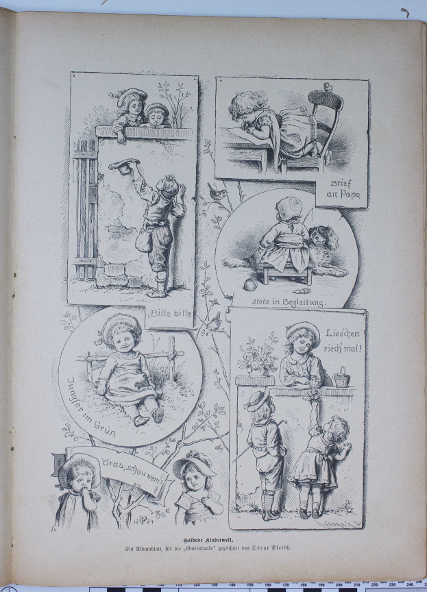 Ein aufgeschlagenes Buch auf einer flachen Oberfläche zeigt eine farbenfrohe Illustration von Kindern verschiedenen Alters und Geschlechts, die zusammen in einem üppigen, grünen Garten mit Bäumen und Sträuchern spielen und lachen.