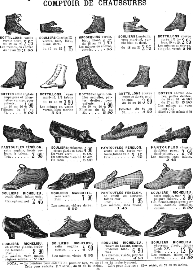 Eine Seite aus einem Buch, die verschiedene Damenschuhe mit einzigartigen Designs, Preisschildern und Informationen zur Größe, Form und Farbe zeigt, die ordentlich angeordnet sind.