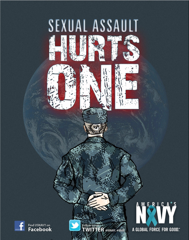 Ein Plakat mit einer Person in militärischer Uniform in der Mitte, umgeben von Logos und Text, der 'Sexueller Missbrauch Tut Weh' lautet und Stärke und Resilienz vermittelt.