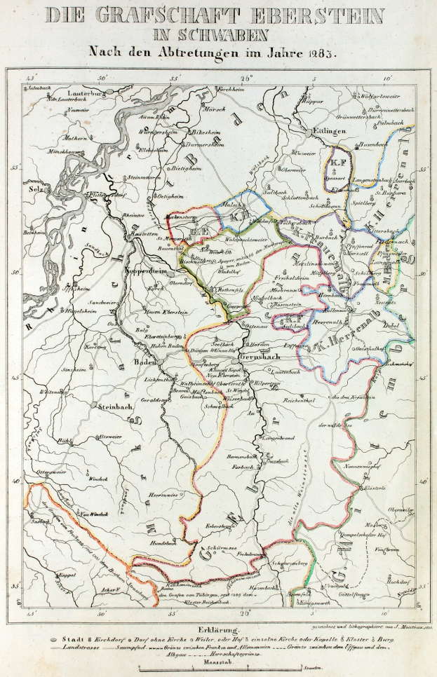 Ein detaillierter Stadtplan von Grafische Eberstein in Schwaben, Deutschland, der Flüsse, Berge und Städte zeigt, mit Text oben und unten auf dem Papier.