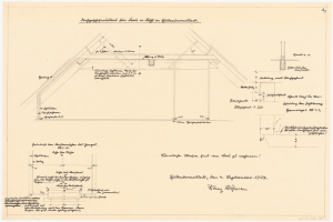 Schwarz-weißes Architekturzeichnung eines Hauses mit einem geneigten Dach, einschließlich detaillierter Grundrisse und Textanmerkungen auf Papier.