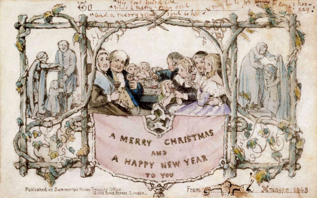 Eine Gruppe von Menschen in festlicher Kleidung versammelt sich um einen Tisch unter einem Banner mit der Aufschrift "Fröhliche Weihnachten und ein glückliches neues Jahr", die feiern und die Festtage genießen.