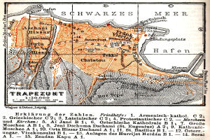Ein detaillierter alter Stadtplan von Trapezunt, Deutschland, der Straßen, Gebäude, Sehenswürdigkeiten und begleitenden Text über die Bevölkerung, Straßen und Sehenswürdigkeiten zeigt.