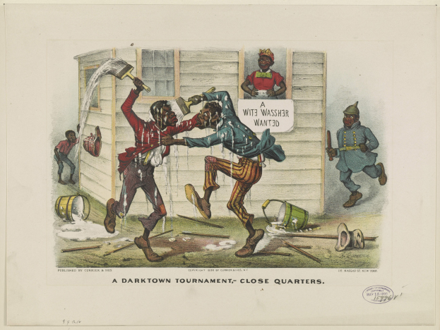 Ein Plakat für ein Darktown-Turnier, das Menschen mit Gegenständen zeigt, verstreute Eimer, Holzstäbe und Text in nahem Abstand.