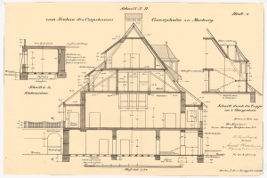 Ein detailliertes Zeichnung des ersten Hauses in Deutschland, das ein Haus mit zahlreichen Fenstern und einem Dach zeigt, begleitet von umfassenden Plänen und Texten, die die Struktur beschreiben.
