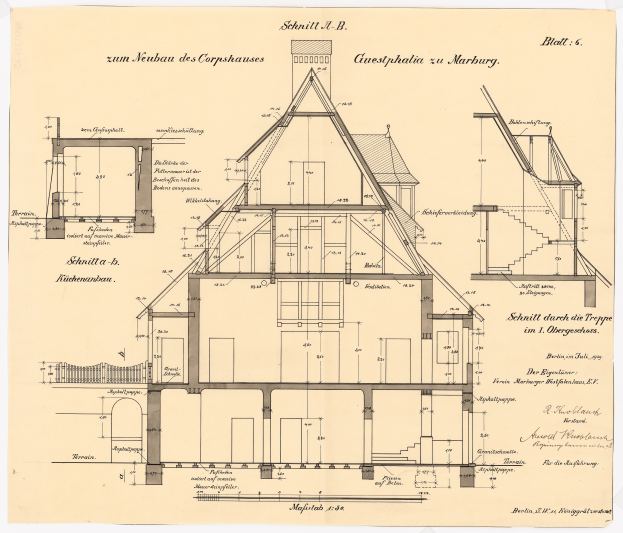 Ein detailliertes Zeichnung des ersten Hauses in Deutschland, das ein Haus mit zahlreichen Fenstern und einem Dach zeigt, begleitet von umfassenden Plänen und Texten, die die Struktur beschreiben.
