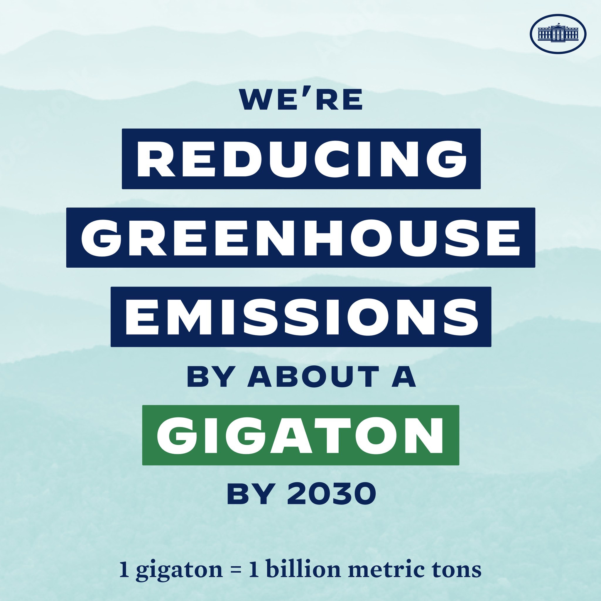 Plakat mit Text und Logo, das "Wir reduzieren die Treibhausgasemissionen um etwa eine Gigatonne bis 2030" fordert.