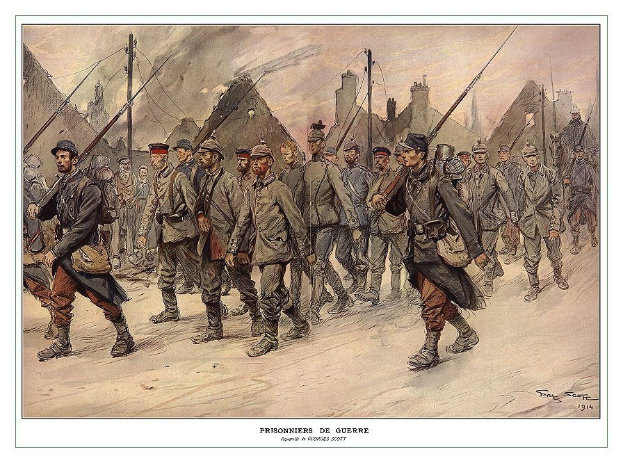 Ein Bild einer Gruppe von Männern, die eine Straße entlanggehen, einige halten Gewehre in den Händen, mit Pfählen und Gebäuden im Hintergrund und dem Text "Prisoniers de Guerre" unten.