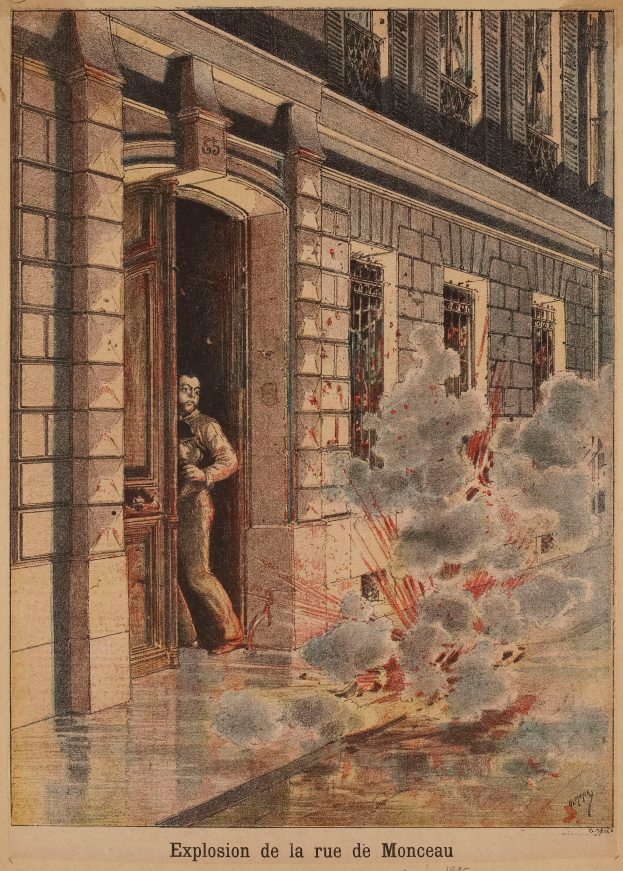 Ein Mann steht in der Tür eines Gebäudes mit Rauch, der herauskommt, und ein Text unten lautet "explosion de la rue de monceau".