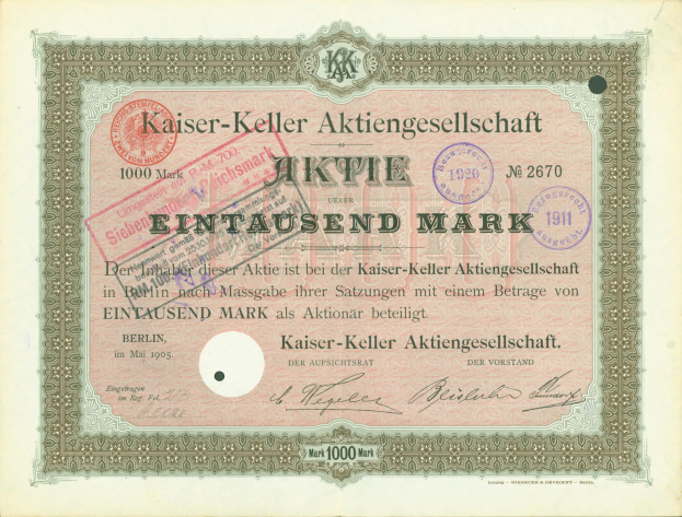 Altes deutsches Aktienzertifikat der Kaiser-Keller Aktiengesellschaft mit Text und Stempeln.