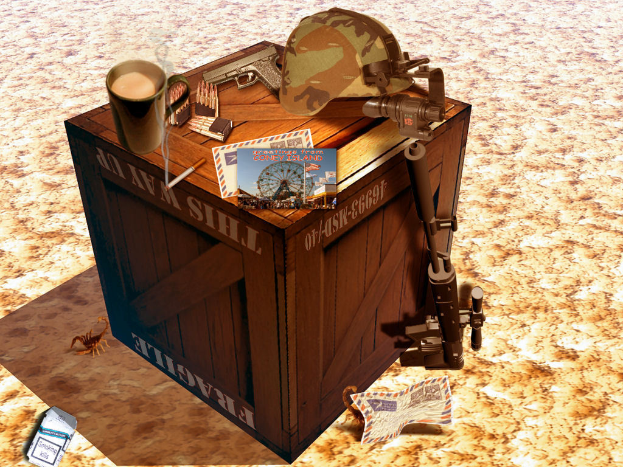 Ein Bild, das eine Kiste mit einer Mütze, einer Waffe, mehreren Mützen, Papieren und einem Schlüssel zeigt.