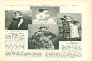 Ein altes Buchcover mit einer Frau in einem langen, wallenden Kleid mit hohem Kragen und langen Ärmeln, deren Haare zu einem Dutt gebunden sind, mit der Aufschrift "Porträts von Promis zu verschiedenen Zeiten ihres Lebens."