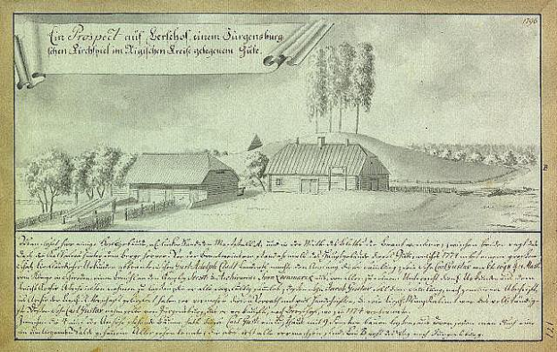 Ein altes Dokument, das eine Farm in einem Feld umgeben von Häusern, Bäumen und einem Himmel zeigt, mit der Beschriftung "Surgensburg, Deutschland - Landschaft einer Farm".